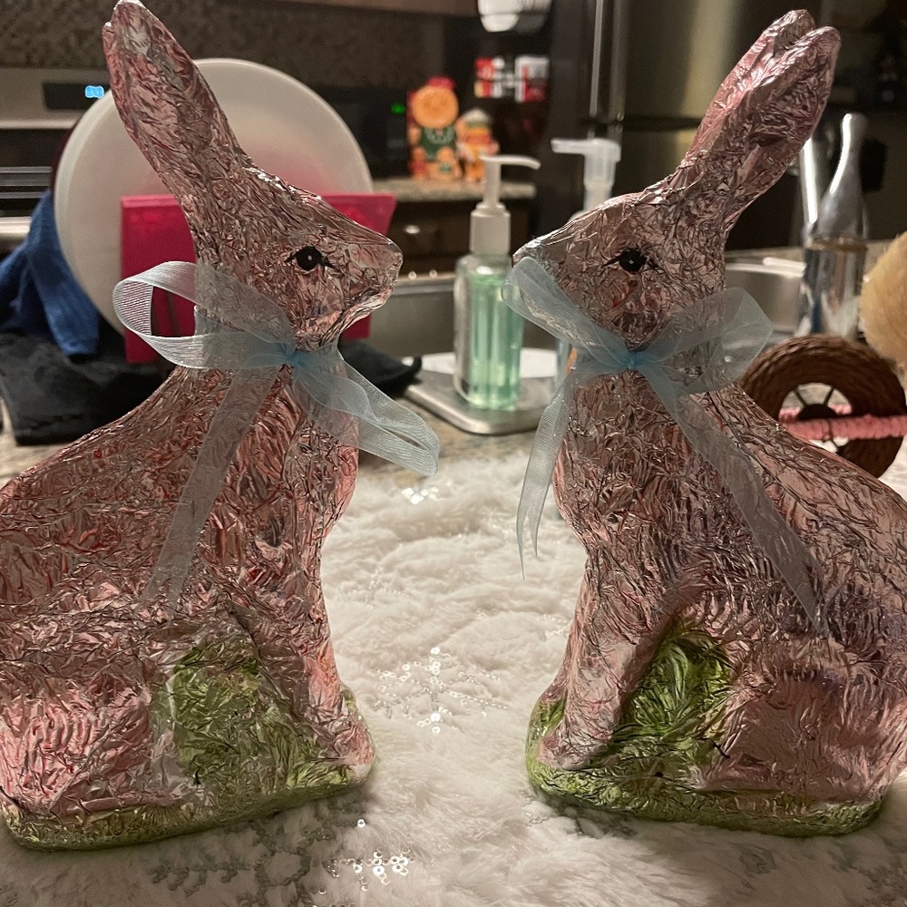 Two Decorative Foil Covered Bunnies by Valerie